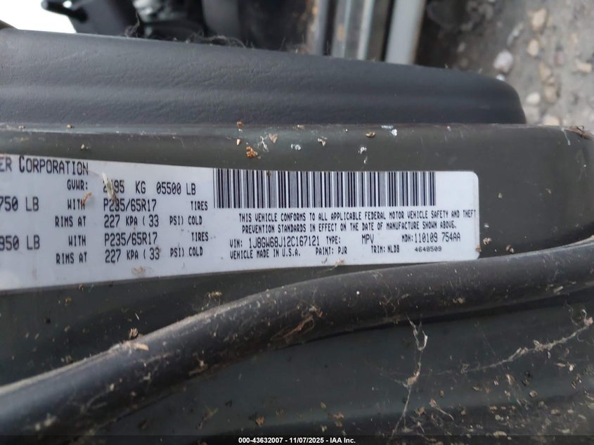 2002 Jeep Grand Cherokee Overland VIN: 1J8GW68J12C167121 Lot: 43632007