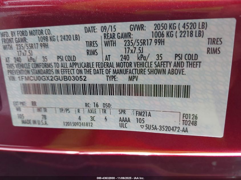 2016 Ford Escape Se VIN: 1FMCU0GX2GUB03052 Lot: 43632008