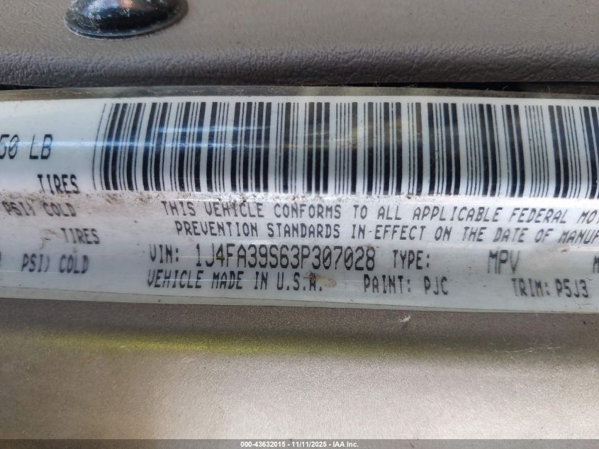 2003 Jeep Wrangler X VIN: 1J4FA39S63P307028 Lot: 43632015