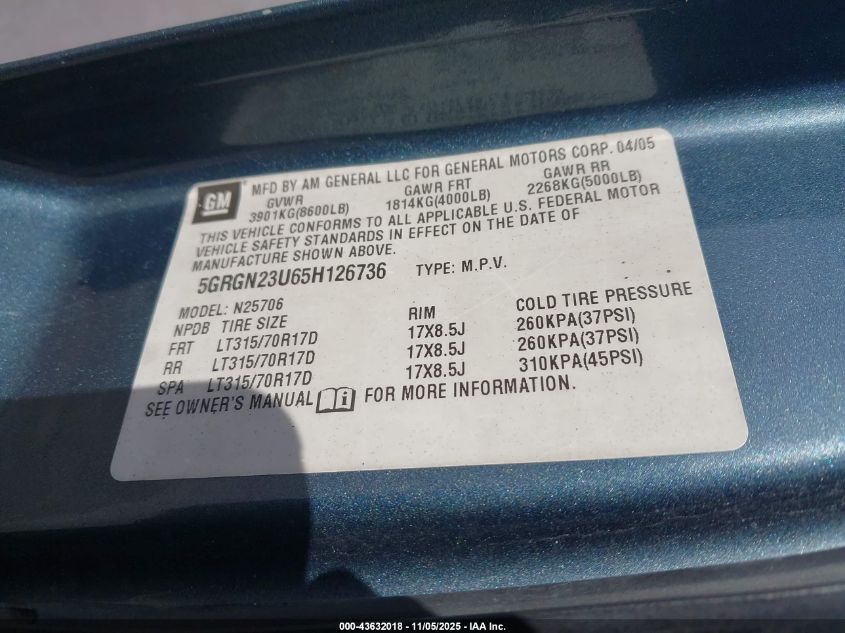 2005 Hummer H2 Suv VIN: 5GRGN23U65H126736 Lot: 43632018