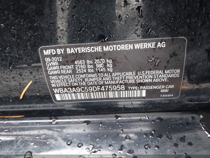 2013 BMW 335I WBA3A9C59DF475958