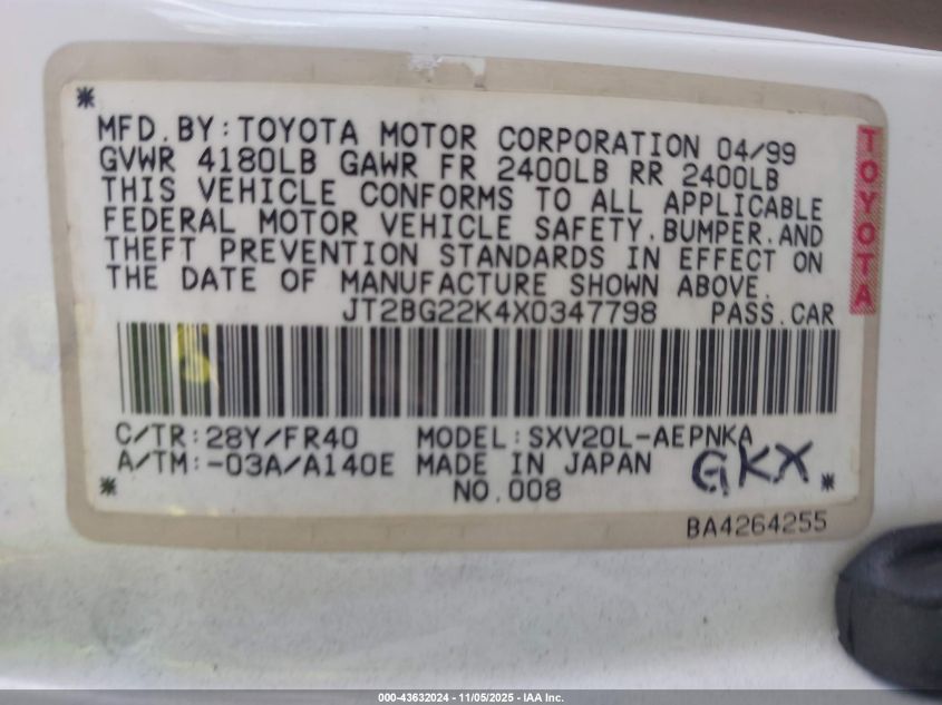 1999 Toyota Camry Le VIN: JT2BG22K4X0347798 Lot: 43632024