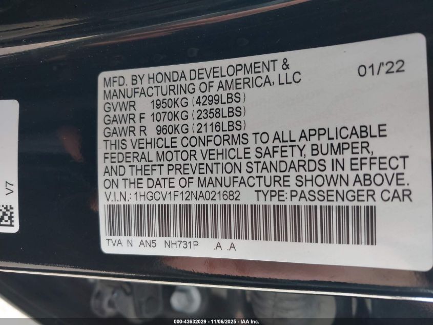 2022 Honda Accord Lx VIN: 1HGCV1F12NA021682 Lot: 43632029