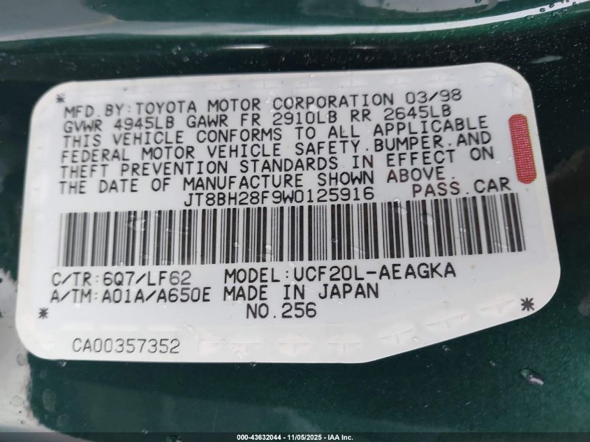 1998 Lexus Ls 400 VIN: JT8BH28F9W0125916 Lot: 43632044