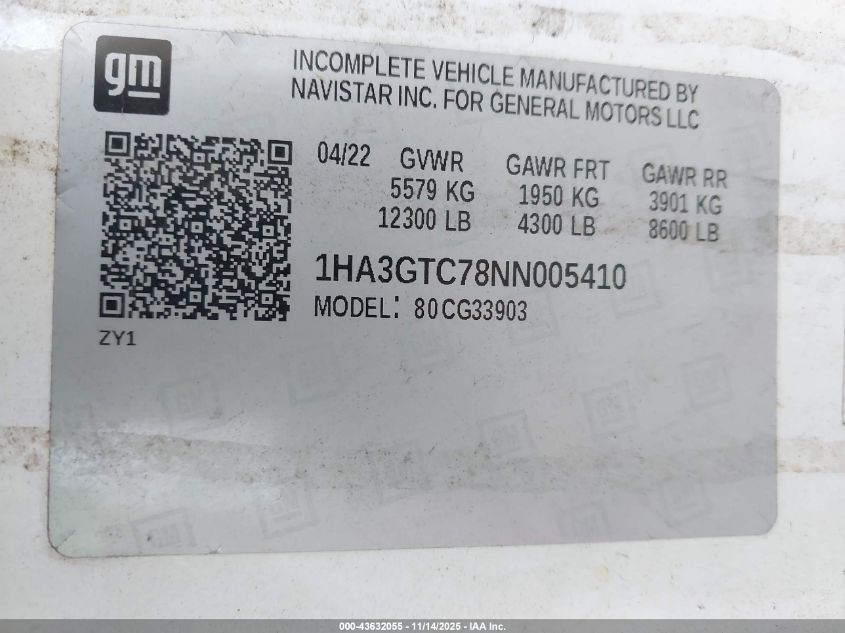 2022 Chevrolet Express Cutaway Work Van VIN: 1HA3GTC78NN005410 Lot: 43632055