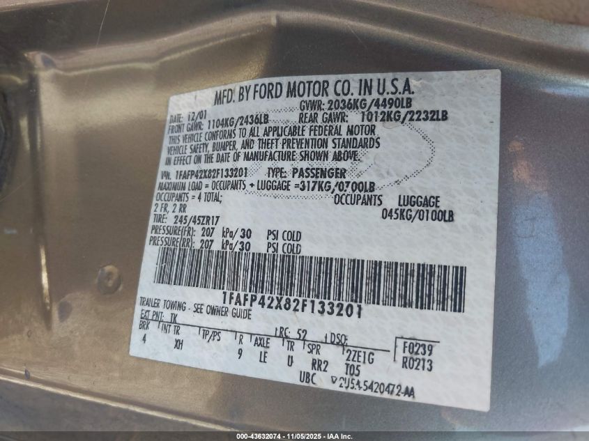 2002 Ford Mustang Gt VIN: 1FAFP42X82F133201 Lot: 43632074