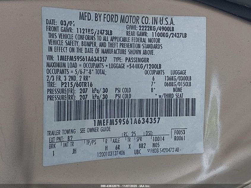 2001 Mercury Sable Ls Premium VIN: 1MEFM59S61A634357 Lot: 43632075