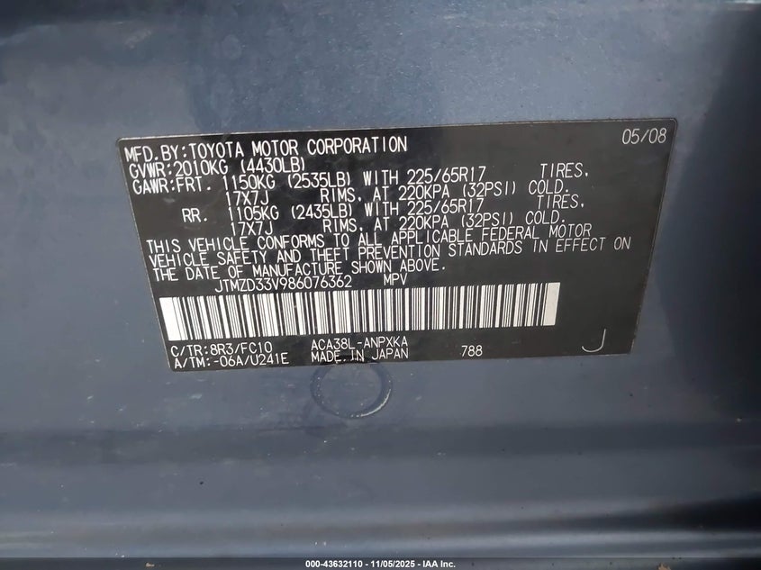 2008 Toyota Rav4 VIN: JTMZD33V986076362 Lot: 43632110