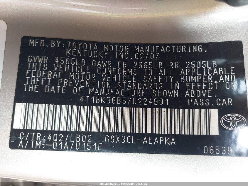 2007 Toyota Avalon Limited VIN: 4T1BK36B57U224991 Lot: 43632122