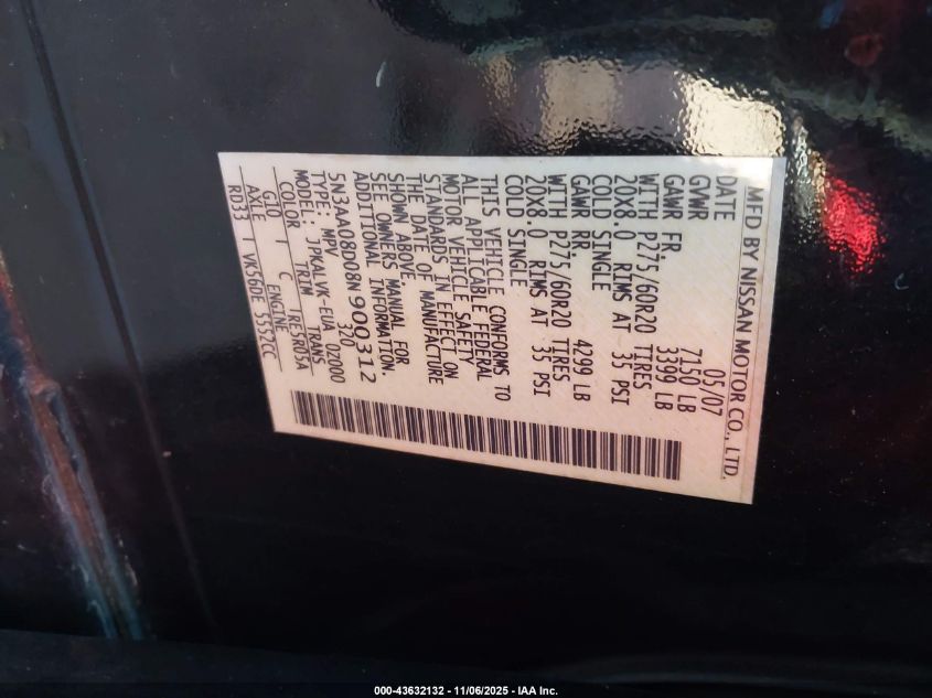 2008 Infiniti Qx56 VIN: 5N3AA08D08N900312 Lot: 43632132