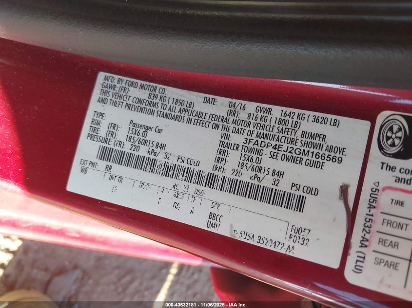 2016 Ford Fiesta Se VIN: 3FADP4EJ2GM166569 Lot: 43632181