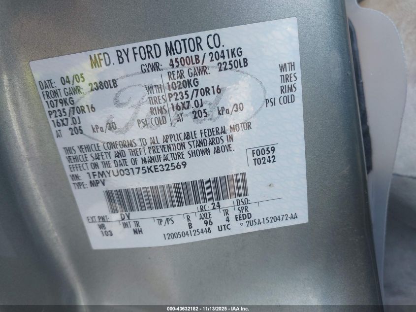 2005 Ford Escape Xlt VIN: 1FMYU03175KE32569 Lot: 43632182