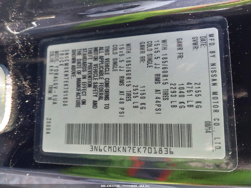 2014 Nissan Nv200 Sv VIN: 3N6CM0KN7EK701836 Lot: 43632186