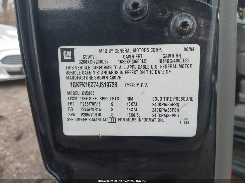 2004 GMC Yukon Xl 1500 Slt VIN: 1GKFK16Z74J319738 Lot: 43632189