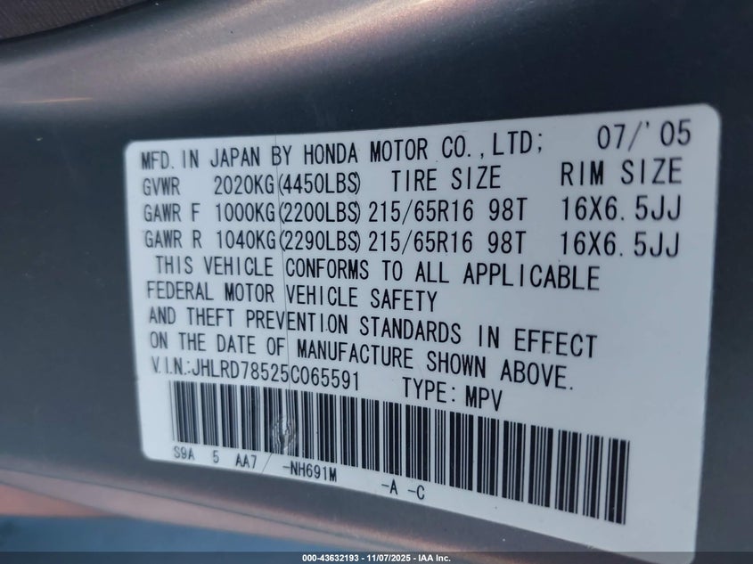 2005 Honda Cr-V Lx VIN: JHLRD78525C065591 Lot: 43632193