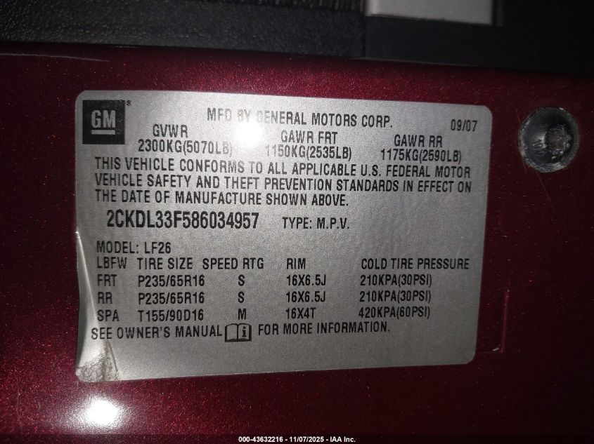 2008 Pontiac Torrent VIN: 2CKDL33F586034957 Lot: 43632216