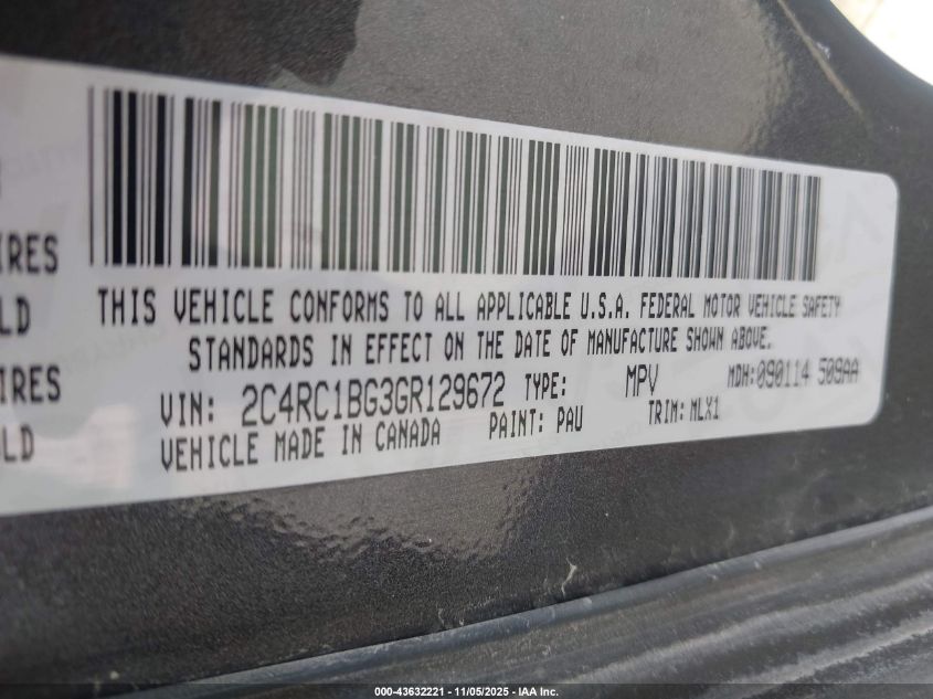 2016 Chrysler Town & Country Touring VIN: 2C4RC1BG3GR129672 Lot: 43632221