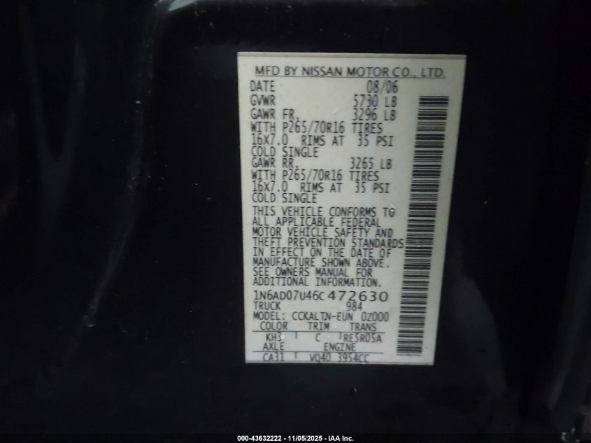 2006 Nissan Frontier Se VIN: 1N6AD07U46C472630 Lot: 43632222