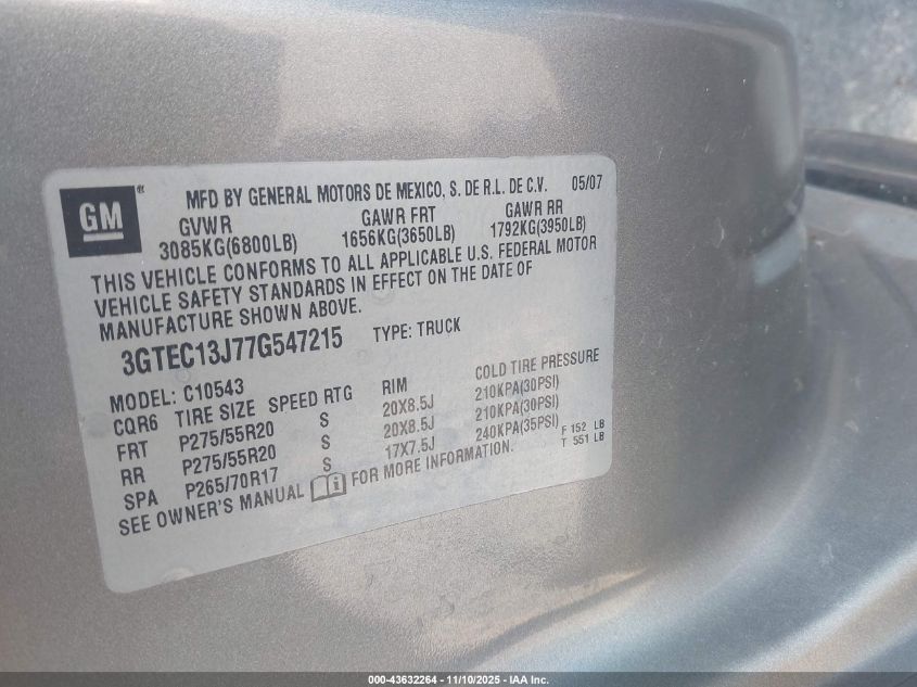 2007 GMC Sierra 1500 Sle1 VIN: 3GTEC13J77G547215 Lot: 43632264