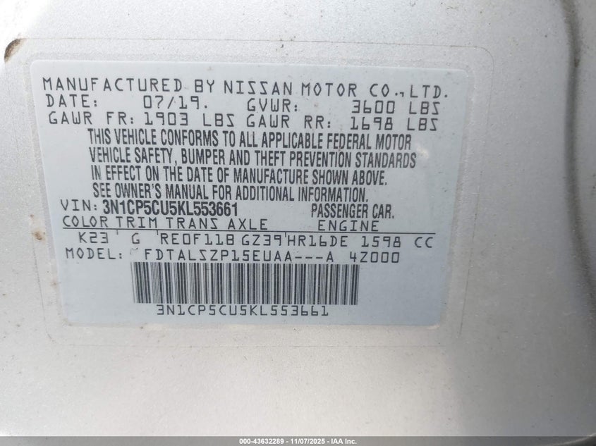 2019 NISSAN KICKS SV 3N1CP5CU5KL553661