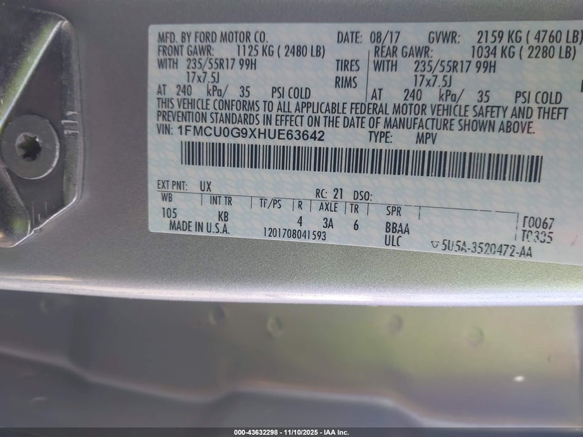 2017 Ford Escape Se VIN: 1FMCU0G9XHUE63642 Lot: 43632298