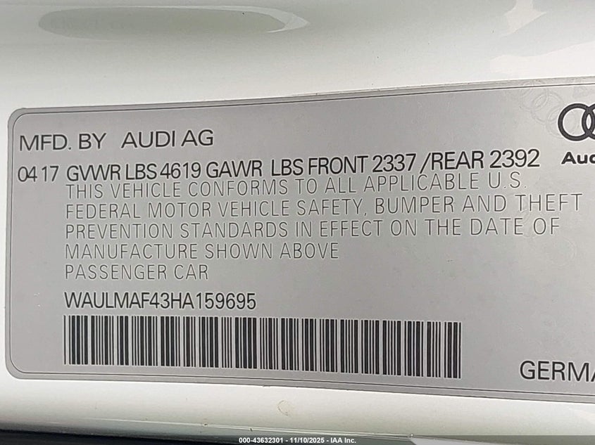 2017 Audi A4 2.0T Ultra Premium VIN: WAULMAF43HA159695 Lot: 43632301