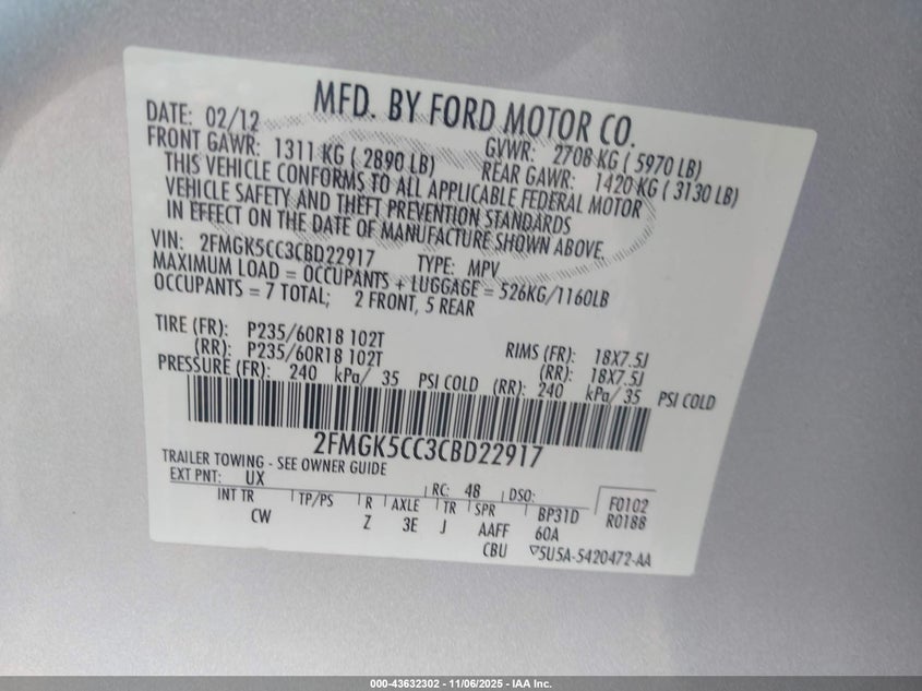 2012 Ford Flex Sel VIN: 2FMGK5CC3CBD22917 Lot: 43632302