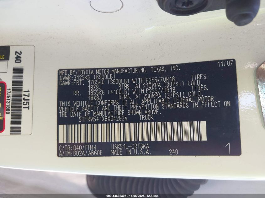 2008 Toyota Tundra Sr5 5.7L V8 VIN: 5TFRV541X8X042834 Lot: 43632307