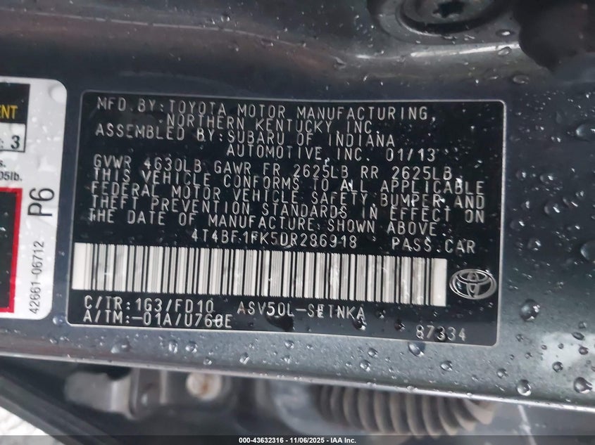 2013 TOYOTA CAMRY LE 4T4BF1FK5DR286918