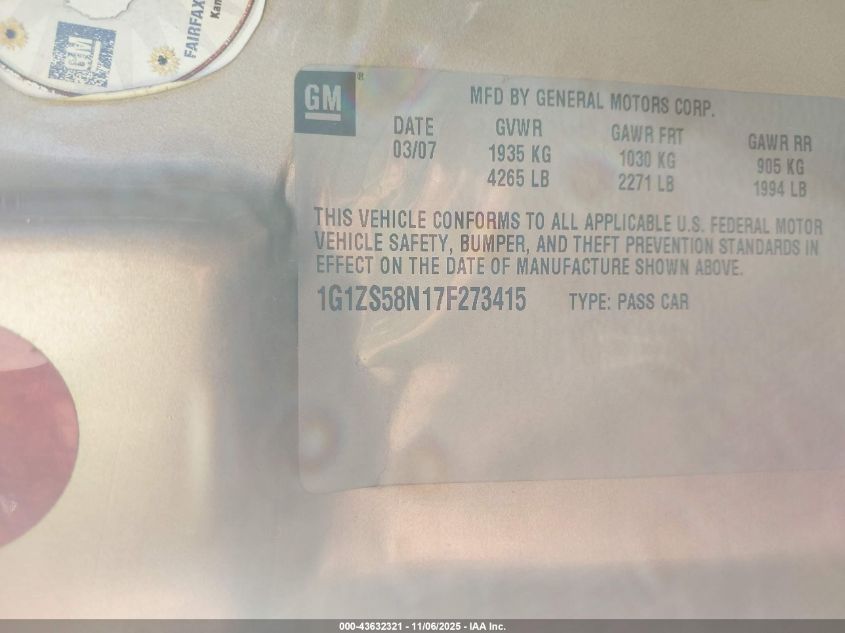 2007 Chevrolet Malibu Ls VIN: 1G1ZS58N17F273415 Lot: 43632321