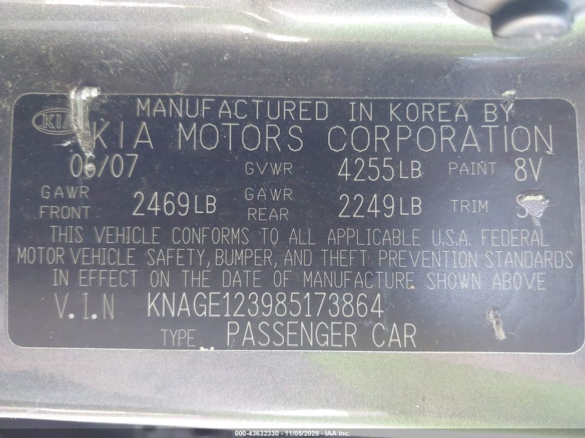 2008 Kia Optima Lx VIN: KNAGE123985173864 Lot: 43632330