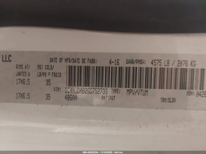 2016 Jeep Compass Sport/North VIN: 1C4NJDAB2GD752733 Lot: 43632334