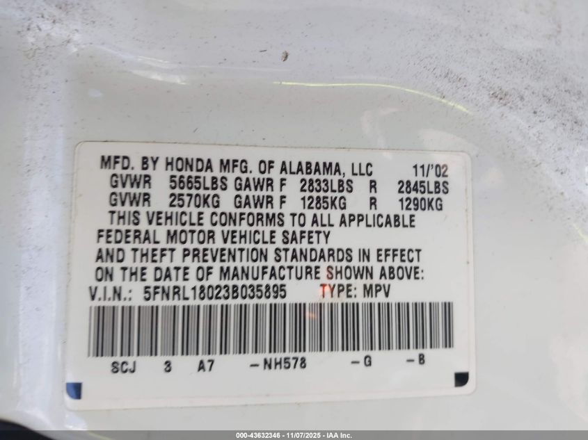 2003 Honda Odyssey Ex-L VIN: 5FNRL18023B035895 Lot: 43632346