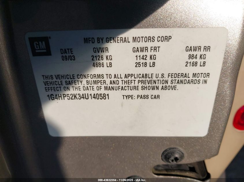 2004 Buick Lesabre Custom VIN: 1G4HP52K34U140581 Lot: 43632354