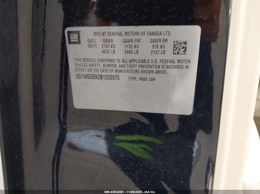 2011 Chevrolet Impala Lt VIN: 2G1WG5EK2B1333975 Lot: 43632361