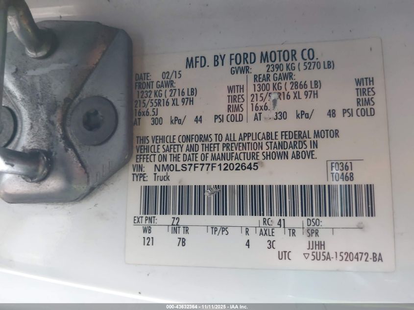 2015 Ford Transit Connect Xlt VIN: NM0LS7F77F1202645 Lot: 43632364