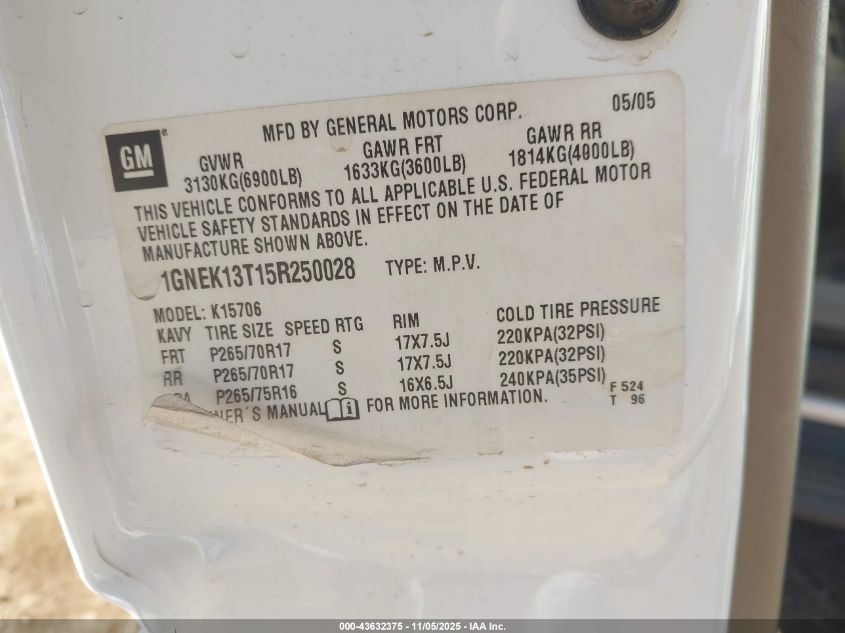2005 Chevrolet Tahoe Lt VIN: 1GNEK13T15R250028 Lot: 43632375