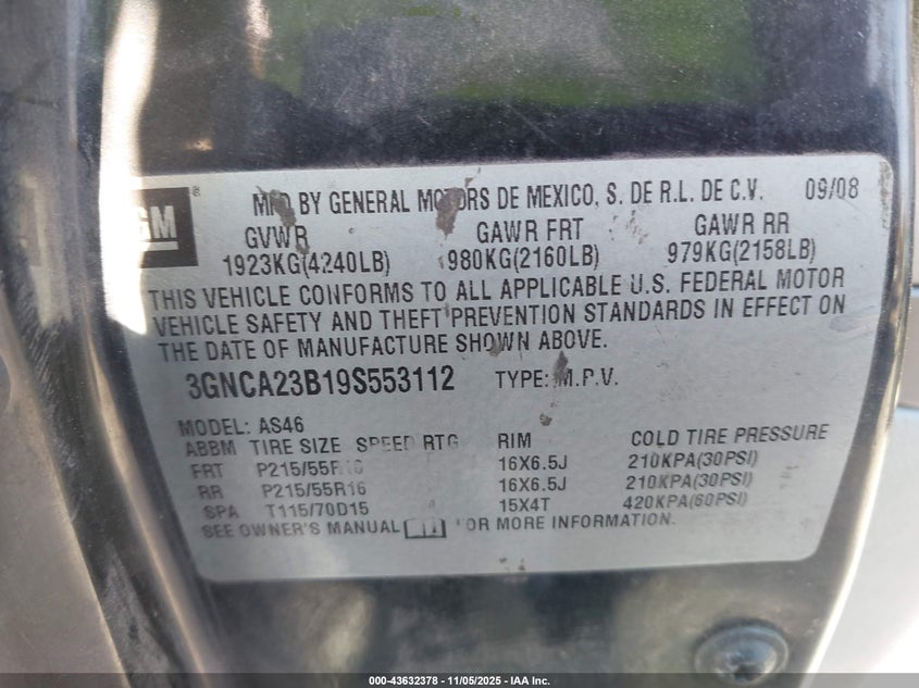 2009 Chevrolet Hhr Lt VIN: 3GNCA23B19S553112 Lot: 43632378