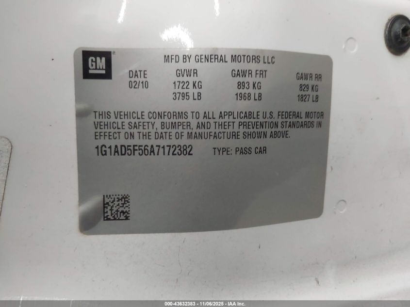 2010 Chevrolet Cobalt Lt VIN: 1G1AD5F56A7172382 Lot: 43632383