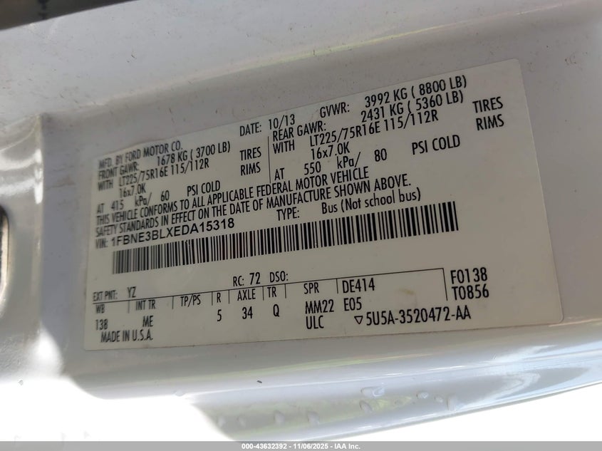 2014 FORD E-350 SUPER DUTY XLT 1FBNE3BLXEDA15318