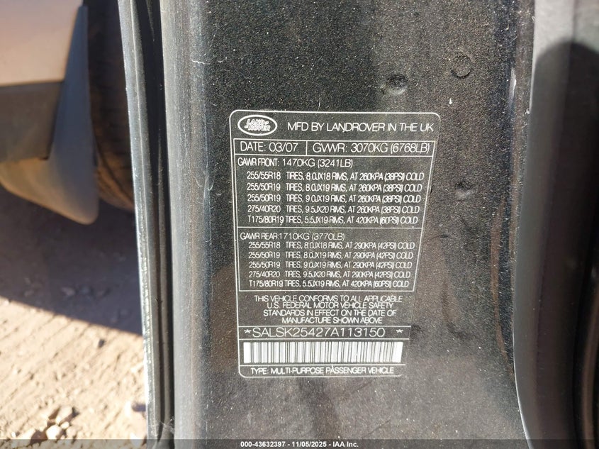 2007 Land Rover Range Rover Sport Hse VIN: SALSK25427A113150 Lot: 43632397