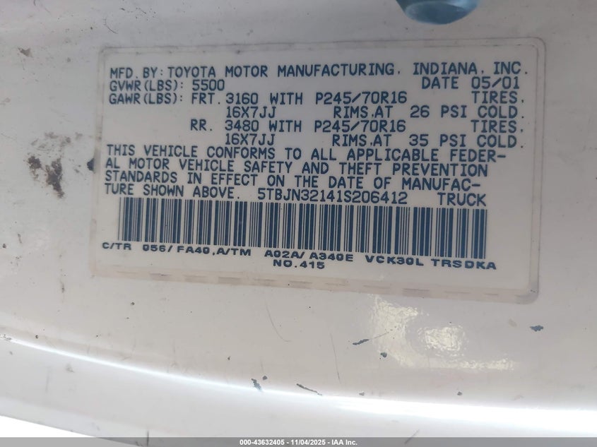 5TBJN32141S206412 2001 TOYOTA TUNDRA photo no. 9