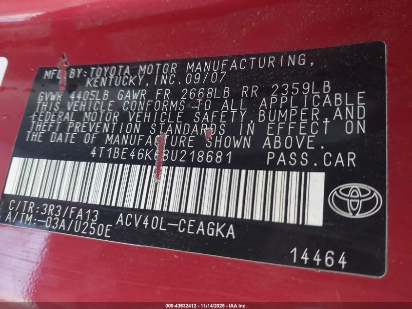 2008 Toyota Camry Xle VIN: 4T1BE46K68U218681 Lot: 43632412