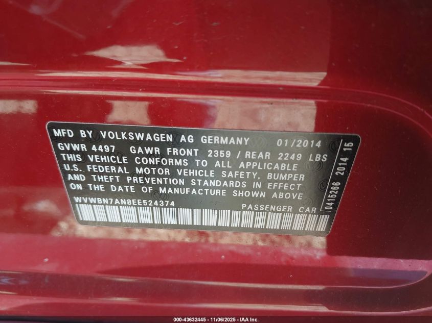 2014 Volkswagen Cc 2.0T Sport VIN: WVWBN7AN8EE524374 Lot: 43632445