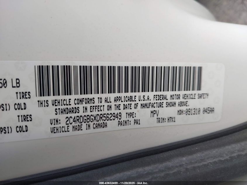 2013 Dodge Grand Caravan Se VIN: 2C4RDGBGXDR562949 Lot: 43632459