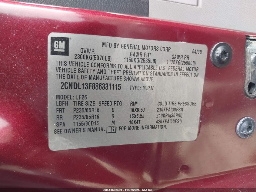 2008 Chevrolet Equinox Ls VIN: 2CNDL13F886331115 Lot: 43632469