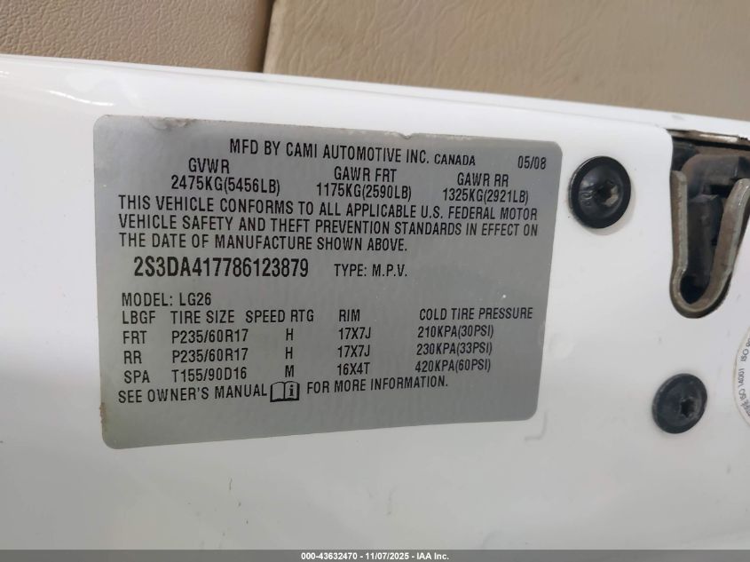 2008 Suzuki Xl7 Luxury VIN: 2S3DA417786123879 Lot: 43632470