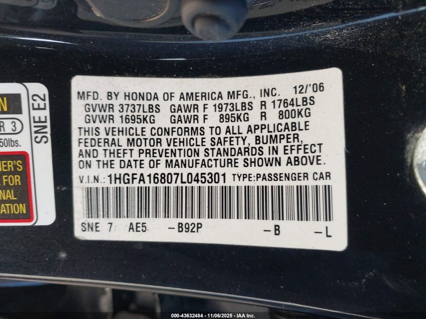 2007 Honda Civic Ex VIN: 1HGFA16807L045301 Lot: 43632484