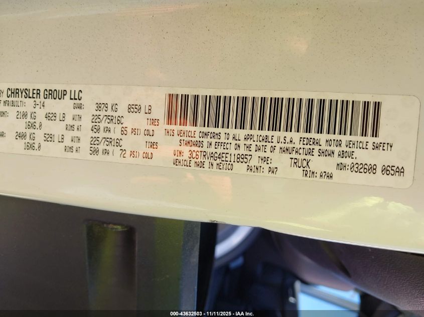 2014 Ram Promaster 1500 Low Roof VIN: 3C6TRVAG4EE118957 Lot: 43632503