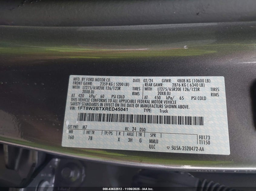 2024 Ford F-250 Platinum VIN: 1FT8W2BTXRED45041 Lot: 43632512